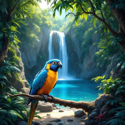 The primary subject of the image is a colorful parrot perched on a tree branch. The setting is a lush, tropical environment with a waterfall in the background. The visual style is a digital art illustration, creating a vibrant and lively atmosphere. The dominant colors include shades of green, blue, and orange, reflecting the natural beauty of the scene.